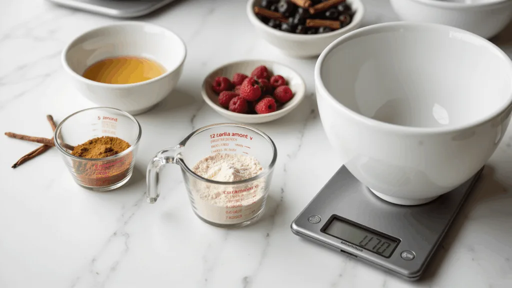 Diabetes-Friendly Desserts: Sweet Treats That Love Your Health A professional baking setup on a marble countertop, featuring measured ingredients like monk fruit sweetener, almond flour, and fresh berries, with a digital scale and culinary tools, all bathed in soft natural light.