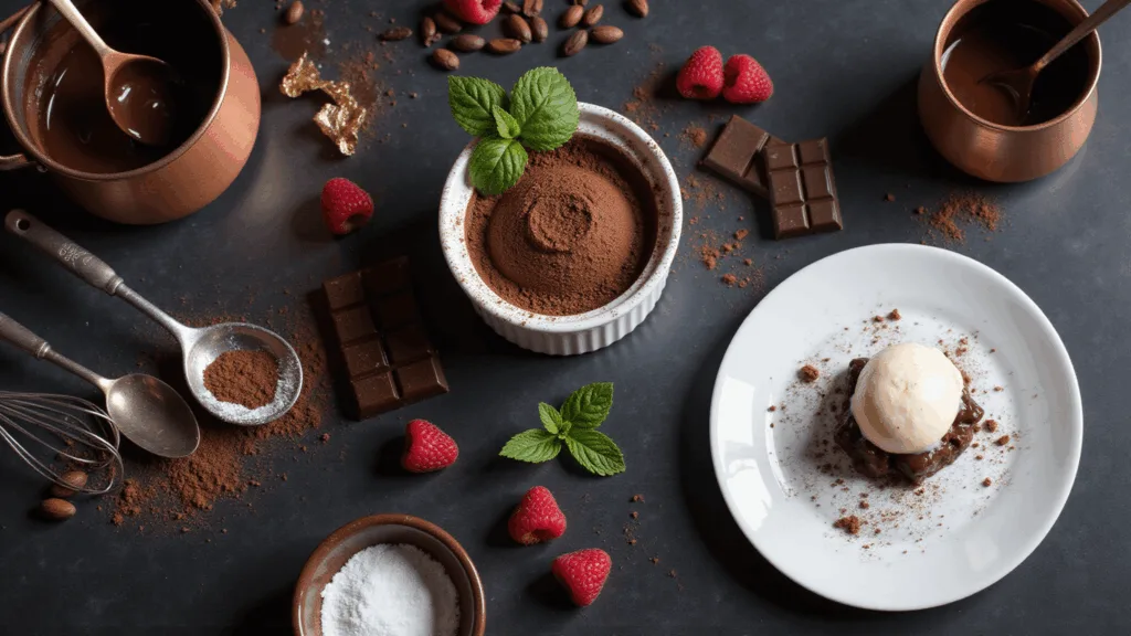 Ultimate Chocolate Dessert Collection An elegant chocolate dessert spread featuring a chocolate soufflé, melted dark chocolate, fresh raspberries, and vanilla bean ice cream, set on a dark marble surface with stylish props and soft lighting.