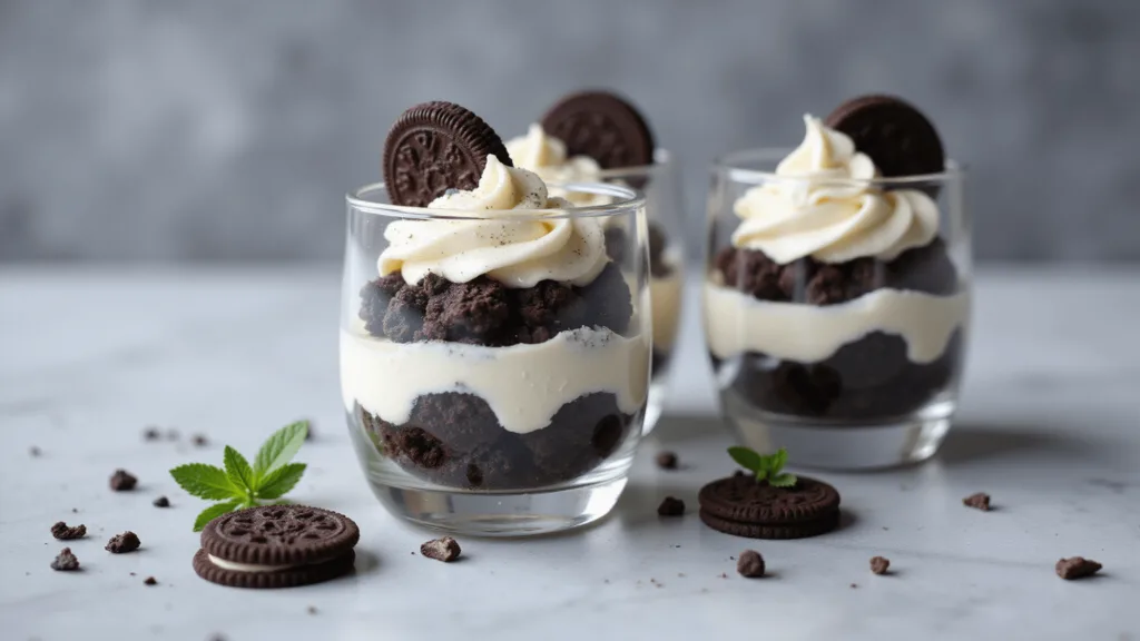 Decadent Dessert Cups: Unleash Your Sweet Creativity! An overhead view of a layered cookies and cream dessert parfait in a clear glass, featuring dark chocolate cookie crumbs and smooth white cream cheese filling with piped swirls, garnished with a mini chocolate sandwich cookie and mint leaves on a marble surface.