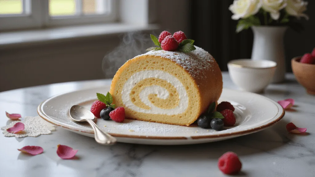 Ultimate Cake Roll - The Perfect Rolled Dessert Photorealistic image of an elegant Swiss roll cake on a vintage platter, featuring a visible spiral cross-section, dusted with powdered sugar and garnished with fresh berries and mint. The soft vanilla sponge surrounds a creamy filling, shot in natural light with shallow depth of field, displaying soft shadows on a marble countertop.