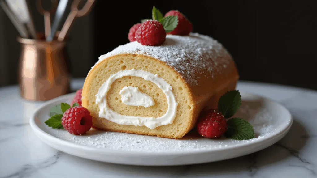 CAKE ROLL RECIPES: The Ultimate Guide to Mastering Elegant Rolled Desserts Photorealistic vanilla cake roll on a ceramic platter, showcasing cream swirls and powdered sugar, garnished with raspberries and mint, with a blurred marble countertop and copper baking tools in the background.