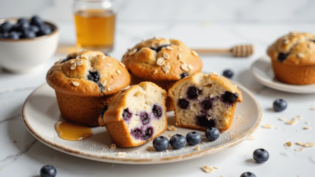 Ultimate Breakfast Muffins: Your Go-To Morning Game-Changer Freshly baked blueberry breakfast muffins with golden-brown tops and visible oats, surrounded by fresh blueberries and a drizzle of honey on a rustic white ceramic plate, set against a clean white marble background.