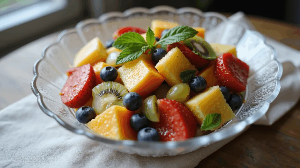 Fruit Salad Recipe: Fresh, Vibrant, and Incredibly Easy! A photorealistic image of a vibrant fruit salad in a crystal bowl, featuring strawberries, pineapple, blueberries, grapes, kiwi, and mandarin, drizzled with lime-honey dressing, set on a rustic wooden table with a white linen napkin and soft-focus background.