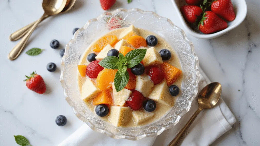 Fruit Salad with Vanilla Pudding: The Ultimate No-Bake Crowd-Pleaser Overhead shot of a crystal bowl filled with vibrant fruit salad coated in vanilla pudding, featuring pineapple, mandarin oranges, cherries, banana slices, blueberries, and strawberries, garnished with mint leaves, on a white marble counter with natural lighting, vintage silver spoons, and a linen napkin.
