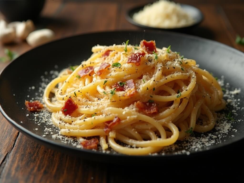 Garlic Bacon Pasta (Quick & One-Pan) Close-up of spaghetti with bacon, garlic, and Parmesan on a black plate, showing glossy sauce, bacon bits, and steam against a rustic table background.