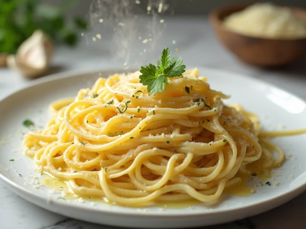 Garlic Parmesan Pasta (Quick & Creamy One-Pot Recipe) Close-up of spaghetti with garlic Parmesan sauce on a white plate, garnished with parsley and Parmesan shavings, with gentle steam and a blurred background of garlic and parsley.