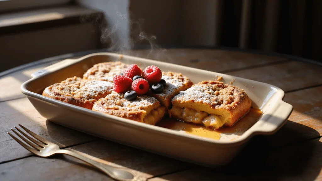 French Toast Breakfast Casserole: The Ultimate Make-Ahead Morning Marvel Photorealistic image of a golden-brown French toast casserole in a rustic baking dish with steam rising, garnished with fresh berries and powdered sugar, on a dark walnut table with early morning sunlight creating dramatic shadows.
