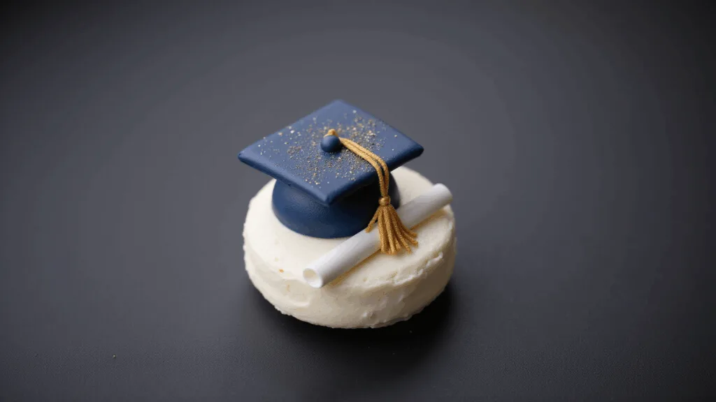 Graduation Bento Cake: The Perfect Mini Celebration Dessert High-resolution image of a 4-inch round graduation bento cake adorned with white buttercream and navy blue fondant cap, featuring golden glitter accents and a small diploma, shot at a 45-degree angle on a matte black surface.