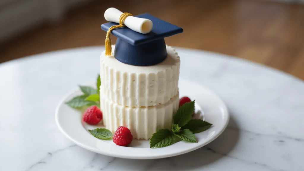 Graduation Bento Cake: A Sweet Celebration of Achievement A 4-inch graduation bento cake with pearl-white whipped cream frosting featuring a fondant graduation cap and diploma, garnished with raspberries and mint leaves on a marble surface.
