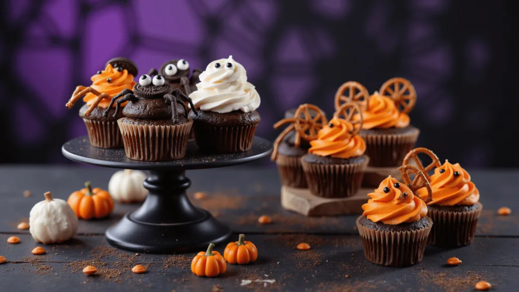 Easy Halloween Cupcake Designs (No Baking Experience Required!) Halloween-themed cupcakes with spider, mummy, and jack-o'-lantern designs displayed on a vintage black tiered cake stand, photographed with moody lighting.