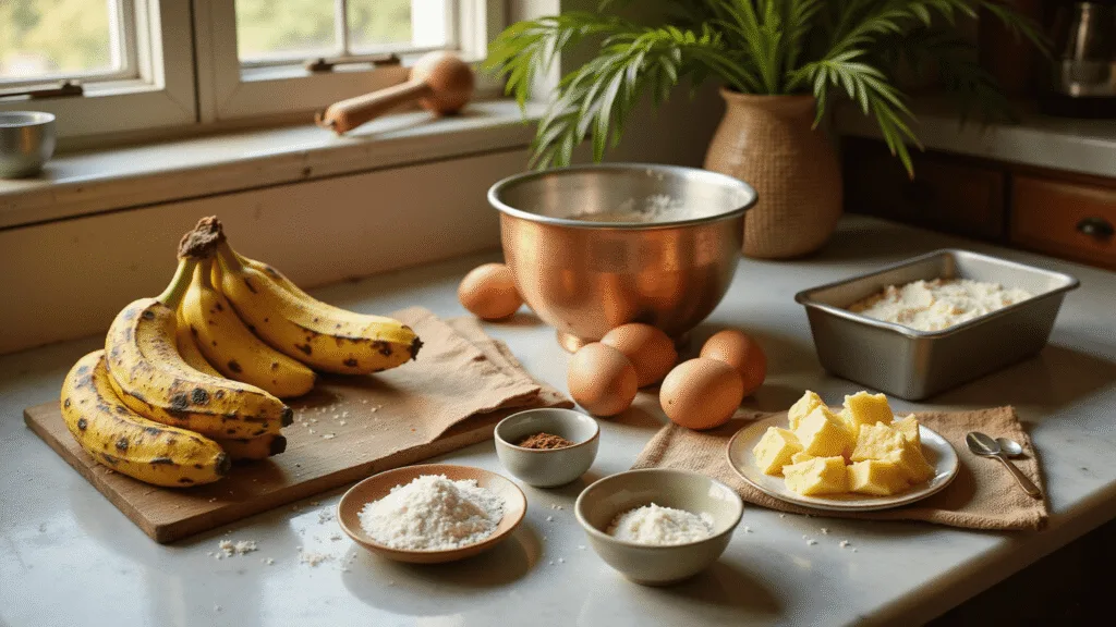 HAWAIIAN BANANA BREAD: TROPICAL PARADISE IN A LOAF A rustic kitchen scene showcasing ingredients for Hawaiian banana bread on a marble countertop, including ripe bananas, pineapple, coconut, butter, flour, and eggs, with a copper mixing bowl, vintage measuring cups, and tropical elements, illuminated by golden morning sunlight.