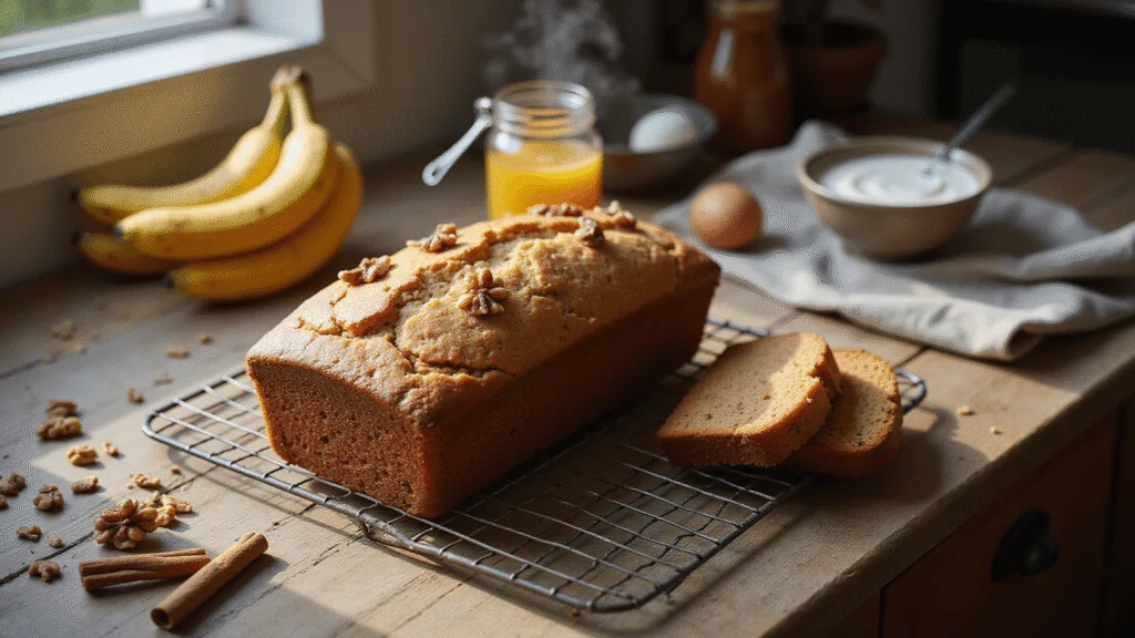 HEALTHY BANANA BREAD: The Ultimate Nutritious & Delicious Loaf Freshly baked whole wheat banana bread on a vintage wire cooling rack in a rustic kitchen, with warm sunlight highlighting its golden-brown crust, garnished with banana slices and walnuts, alongside overripe bananas, a jar of honey, and organic eggs, evoking a cozy cottage-core aesthetic.