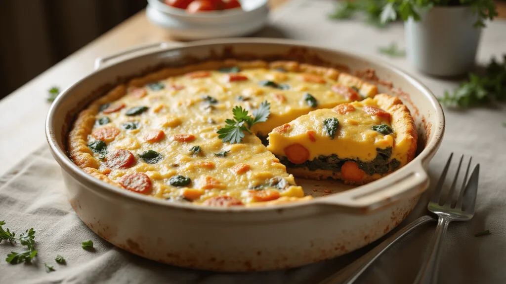 Healthy Breakfast Casserole: A Nutritious Morning Delight A photorealistic image of a golden-brown breakfast casserole in a rustic ceramic dish, showcasing layers of roasted vegetables, egg custard, and melted cheese. Sunlight highlights the steam and golden crust. A slice removed reveals the moist interior. Garnished with fresh herbs, with a bowl of cherry tomatoes and a fork nearby on a wooden table.