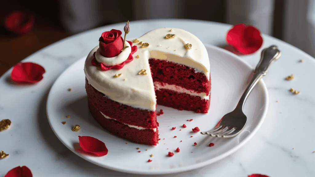 Red Bento Cake: A Cute and Personalized Mini Celebration Cake Photorealistic overhead shot of a 4-inch heart-shaped red velvet bento cake with white buttercream frosting, delicate red piping, and gold leaf accents on a white marble surface, styled with a fresh red rose, scattered rose petals, and a vintage silver cake fork, creating a romantic atmosphere with soft bokeh and detailed textures.