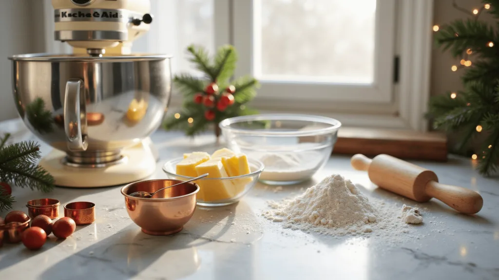 Christmas Dessert Extravaganza: Delightful Festive Treats to Sweeten Your Holiday A close-up of baking ingredients on a marble counter with a mixer, cookie cutters, pine sprigs, and cranberries, creating a festive scene.