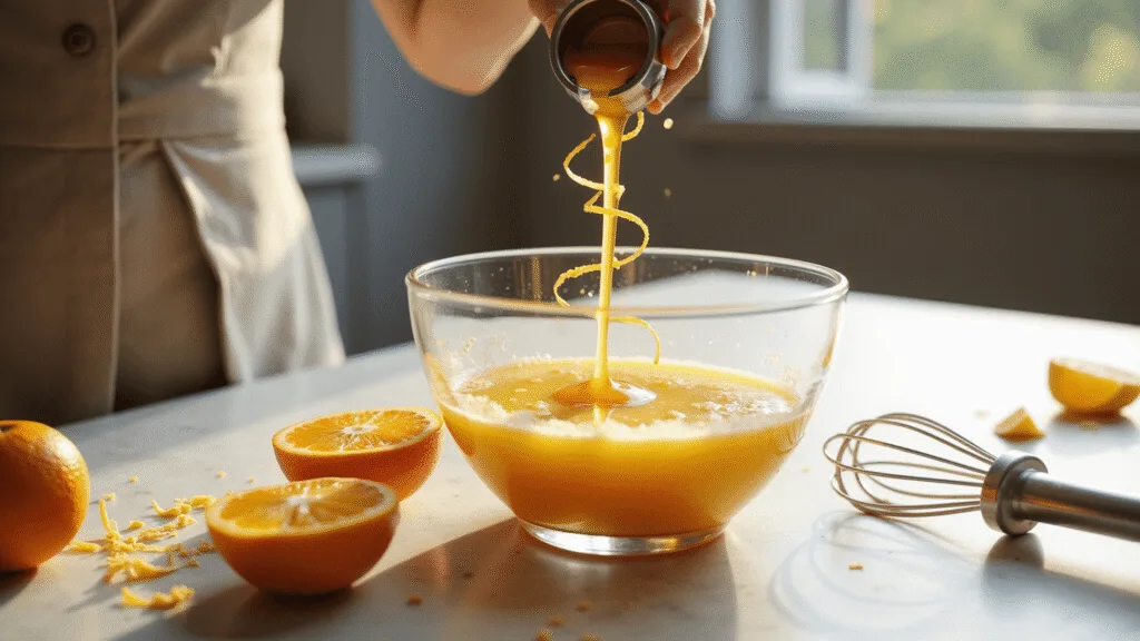 Fruit Salad Dressing: The Ultimate Fresh, Zesty Topping for Every Occasion A clear glass mixing bowl filled with fresh-squeezed orange juice, golden honey drizzling in slow motion, and delicate lemon zest curls floating in the morning sunlight, set against a marble countertop with whole citrus fruits artfully arranged in a warm, hygge-inspired kitchen.
