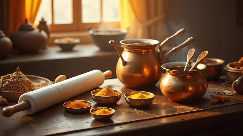 Ultimate Guide to Indian Desserts: Delicious Traditions in Your Kitchen Warmly lit traditional Indian kitchen featuring vintage brass and copper utensils on a rich wooden countertop, with colorful spices and a simmering milk reduction, evoking a photorealistic and inviting atmosphere.