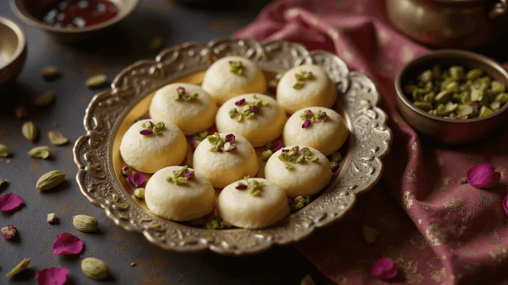 Easy Indian Desserts: Delightful Sweets in Under 30 Minutes Cinematic overhead shot of ivory-colored Indian pedas with pistachio and rose petal garnishes on an ornate brass thali, featuring soft natural lighting and a warm, moody atmosphere.