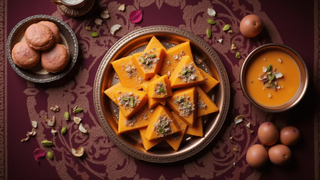 3 Easy Indian Dessert Recipes: Instant Kalakand, Carrot Kheer, and Gulkand Peda "Overhead shot of Indian sweets on a copper thali, highlighting diamond-shaped Kalakand with pistachios and silver varq, surrounded by Carrot Kheer and rose-tinted Gulkand Pedas, all set against a henna-pattern textile backdrop."