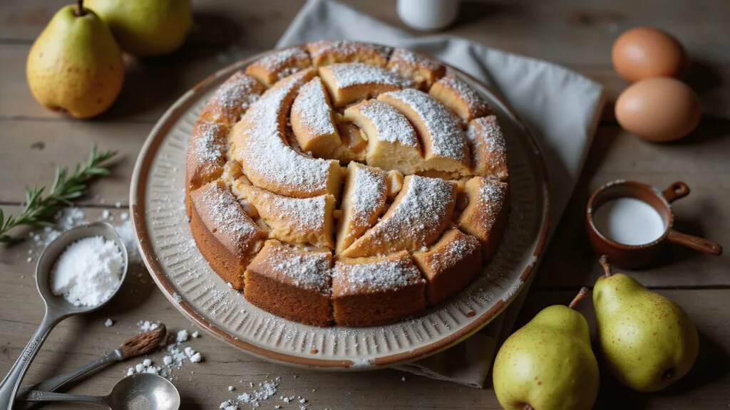 Irresistible Pear Desserts: From Crumbles to Cakes Overhead view of an Italian Pear Cake on a rustic table with fresh pears and baking ingredients, highlighting the cake's golden crust and caramelized pears.
