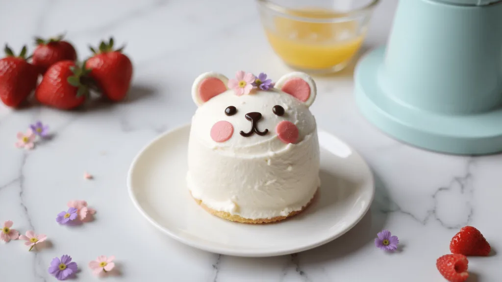 Bento Cake Lucu: The Cutest Mini Cake You'll Ever Make! A kawaii bear-themed mini Bento Cake Lucu with white whipped cream and chocolate details, on a white ceramic plate with fresh strawberries and edible flowers, set on a white marble surface.