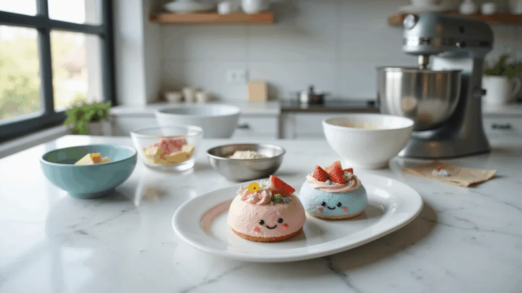 Bento Cake Lucu: Adorable Mini Cakes That Steal Hearts A professional kitchen scene featuring a marble countertop with mini bento cake preparation, including round cake pans, pastel mixing bowls, and a silver electric mixer. Ingredients like flour, sugar, butter, and eggs are neatly arranged in glass bowls beside a vintage kitchen scale. Finished kawaii bento cakes are displayed on a white ceramic plate, decorated with pastel buttercream and cute character faces, garnished with sprinkles, strawberries, and edible flowers. The setting is illuminated by natural light, highlighting the textures of the scene.