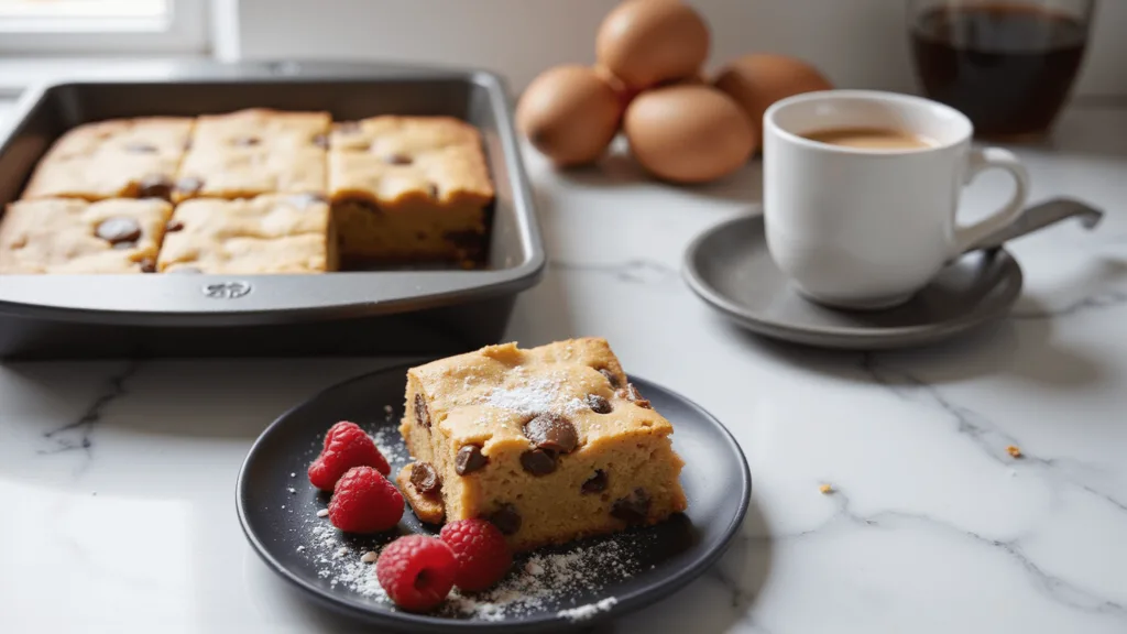 Keto Desserts: Indulgent Low-Carb Sweet Treats That Won't Kick You Out of Ketosis A stylish photograph of keto blondies with chocolate chips and pecans in a baking pan, with one piece on a plate garnished with powdered erythritol and raspberries, set on a clean marble counter with baking ingredients and a steaming cup of espresso nearby.