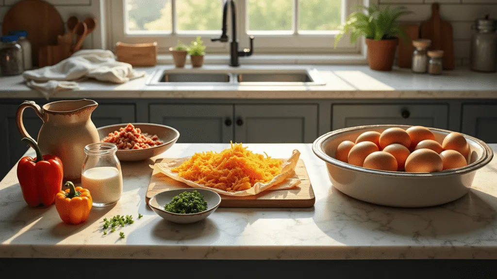 Low Carb Breakfast Casserole: The Ultimate Keto-Friendly Morning Miracle Overhead view of a rustic kitchen with morning sunlight, featuring farm-fresh eggs, ground sausage, grated cheddar, cream, diced bell peppers, and chives on a marble countertop, with a baking dish and antique kitchen tools, all styled for a keto breakfast casserole.