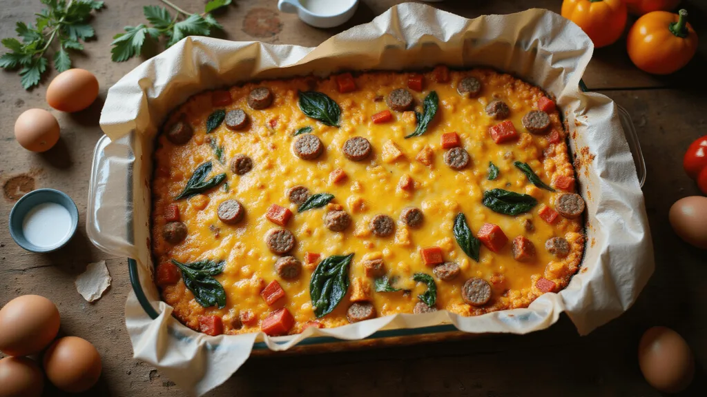 Keto Breakfast Casserole: The Ultimate Low-Carb Morning Miracle Overhead view of a golden-brown keto breakfast casserole in a glass dish with layers of cheese, sausage, bell peppers, and spinach, on a rustic wooden surface with whole eggs and cream pitcher nearby.