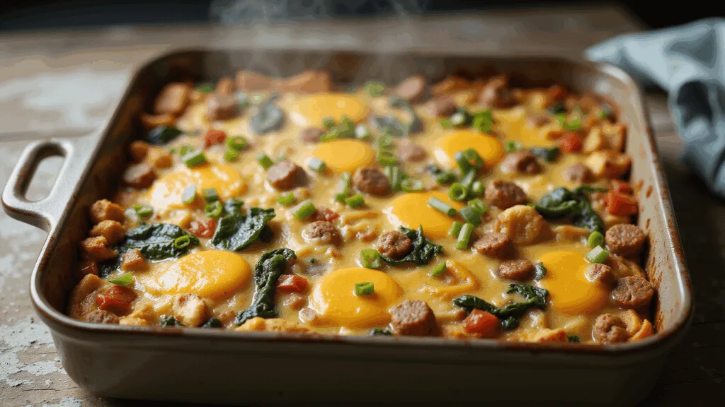KETO BREAKFAST CASSEROLE: A DELICIOUS LOW-CARB MORNING FEAST A close-up of a golden-brown breakfast casserole in a rustic ceramic dish, featuring fluffy eggs, melted cheddar cheese, browned sausage, diced red bell peppers, and wilted spinach, with steam rising in soft morning light. Garnished with green onions, set on a distressed wooden surface.