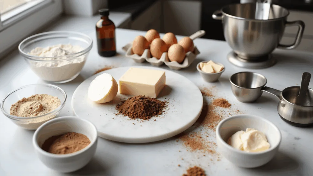 Ultimate Keto Dessert Recipes: Decadent Low-Carb Sweet Treats A sunlit kitchen counter features organized keto baking ingredients including almond flour, cocoa powder, and monk fruit sweetener in glass bowls, with softened cream cheese and butter on a marble board, surrounded by farm-fresh eggs, vanilla extract, measuring cups, and a stand mixer, all styled in a modern minimalist aesthetic.