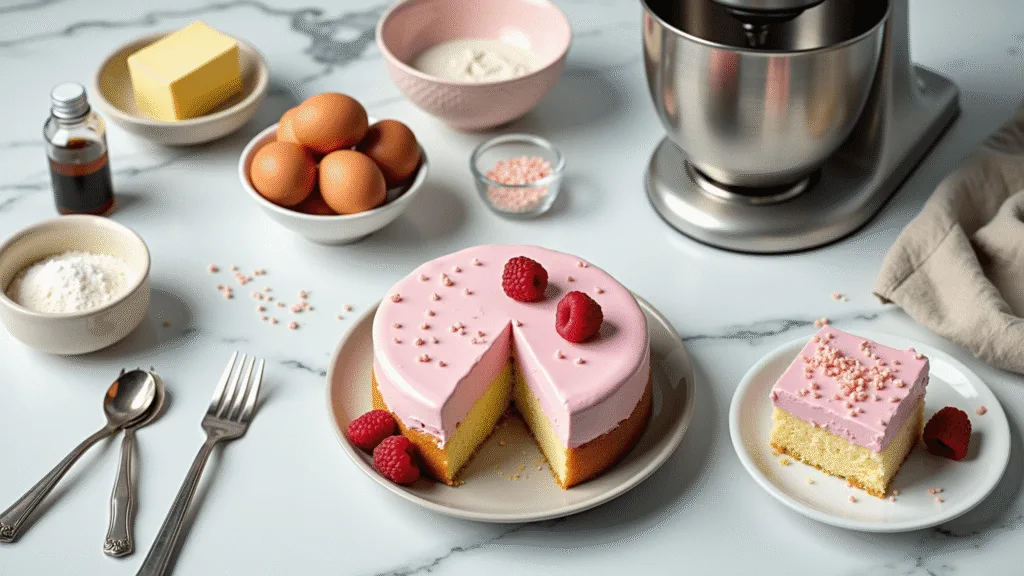 Bento Box Cake: The Adorable Mini Celebration Cake That Fits Perfectly in a Lunchbox A high-angle shot of a pristine white marble countertop displaying ingredients for a mini bento box cake, including a block of room temperature butter, farm-fresh eggs, measured flour in a vintage ceramic bowl, and a pastel pink mixing bowl, all arranged with scattered utensils and tools in soft, natural morning light.