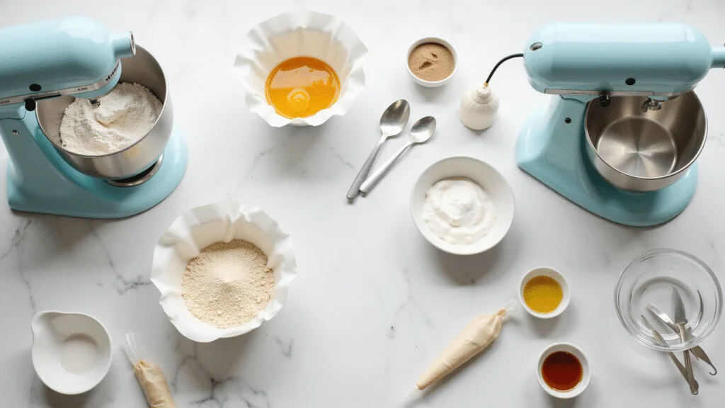 KOREAN BENTO CAKE: ADORABLE MINI CELEBRATION IN A BOX Overhead view of a minimalist kitchen workspace with a white marble countertop, featuring pastel blue stand mixer, neatly arranged baking ingredients, and tools, including round cake pans and measuring spoons, all illuminated by soft natural sunlight.
