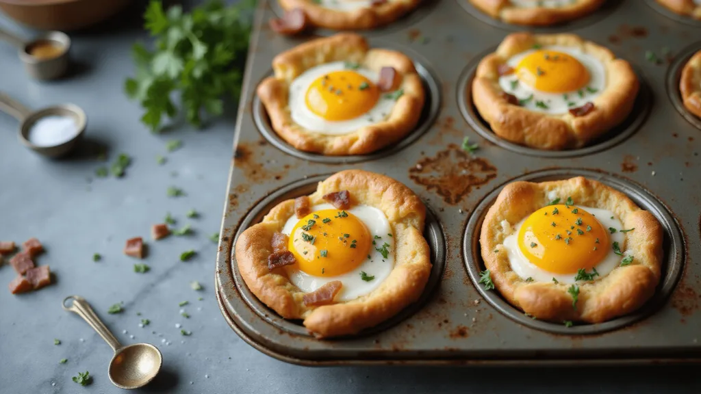 Korean Egg Bread (Gyeran Bbang): A Street Food Sensation Overhead view of Korean egg bread muffins with golden yolks, crispy edges, and fresh herbs, steaming in a rustic tin on marble.