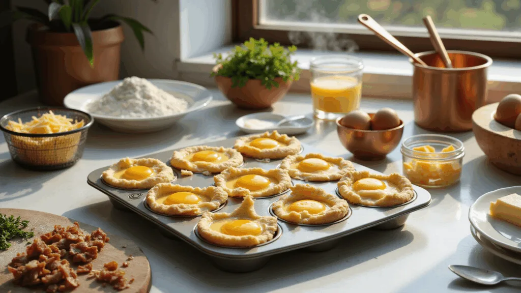 KOREAN EGG BREAD (GYERAN-PPANG): STREET FOOD MAGIC IN YOUR KITCHEN A bright modern kitchen countertop with a professional muffin tin filled with golden batter and cracked eggs, surrounded by ingredients like flour, farm-fresh eggs, measuring cups, a copper whisk, and garnishes, all beautifully illuminated by natural morning light.