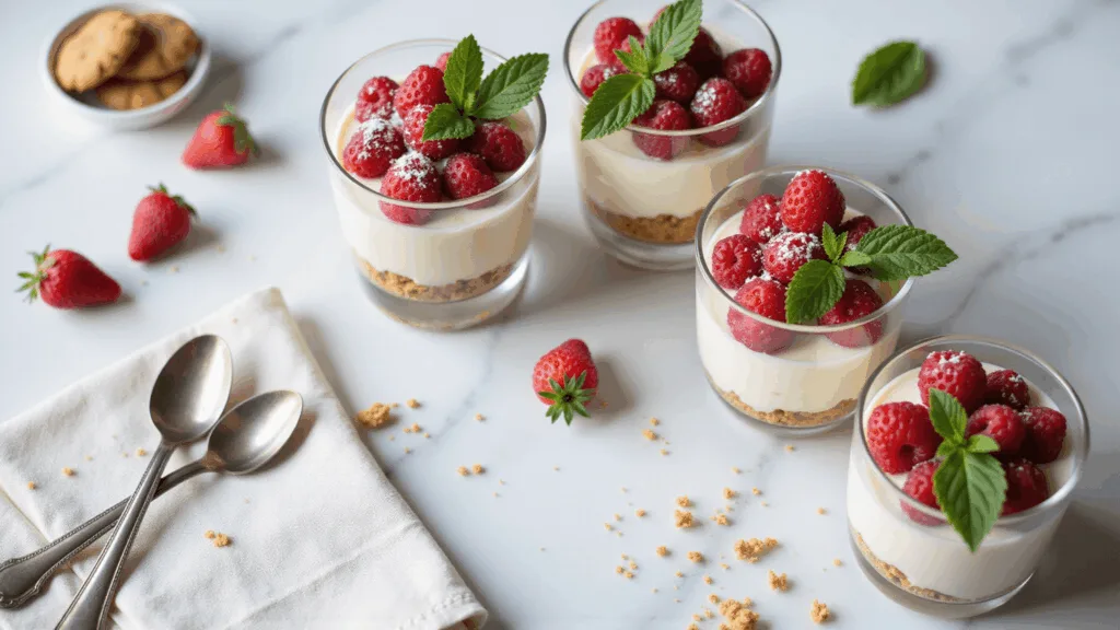 Ultimate Dessert Cups: Irresistible No-Bake Treats for Every Occasion Elegant layered cheesecake dessert cups with fresh berries, arranged on a white marble surface, showcasing creamy filling and golden cookie crumbs, styled with scattered cookie crumbs and vintage silver spoons.