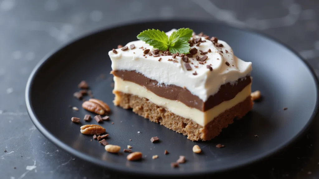 Decadent Sex in a Pan Dessert A professionally styled photograph of a layered dessert on a matte black plate with pecan crust, cream cheese, vanilla and chocolate pudding layers, topped with whipped cream, chocolate shavings, a mint leaf, and whole pecans.