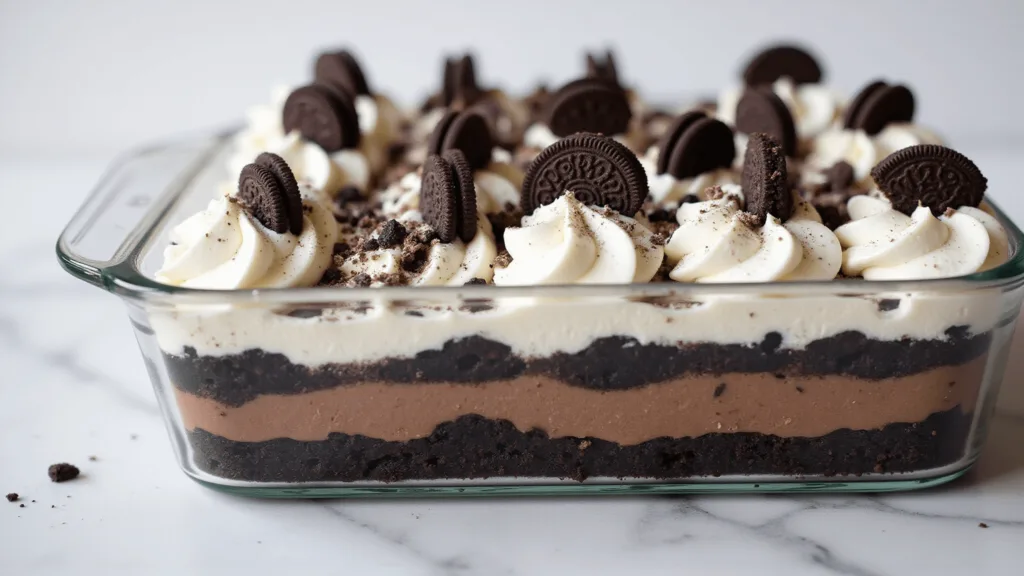 Ultimate No-Bake Oreo Dessert: A Creamy Chocolate Dream A professionally photographed no-bake Oreo dessert in a glass pan, showcasing distinct layers: Oreo crust, cream cheese, chocolate pudding, and whipped topping, garnished with crushed and whole Oreos, on a white marble background.