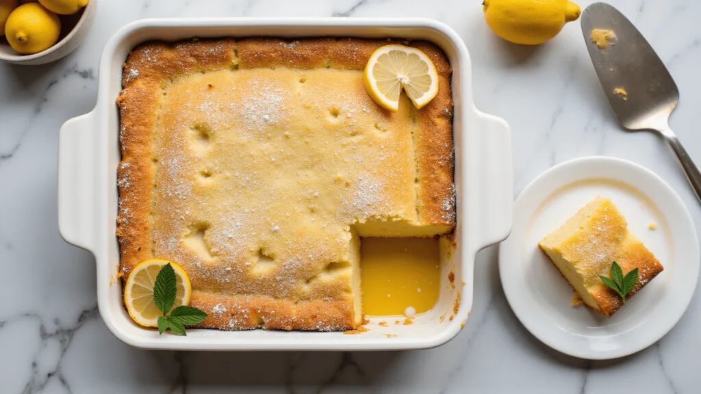Lemon Dump Cake: The Easiest Dessert You'll Ever Make Overhead view of a freshly baked lemon dump cake in a ceramic dish, featuring a golden-brown crust and vibrant lemon filling. A removed corner piece on a white plate reveals the cake's layers. Steam rises, and the scene is lit by natural light, with minimalistic kitchen props in the background.