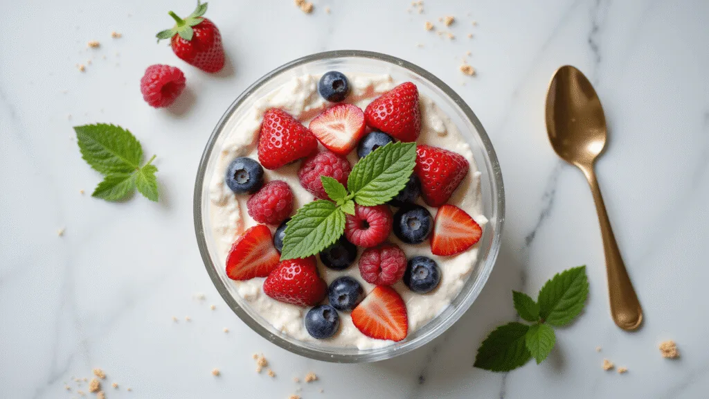 Cheesecake Fruit Salad - Creamy, Dreamy, and Absolutely Irresistible! Photorealistic overhead shot of a crystal bowl filled with cheesecake fruit salad featuring fresh strawberries, blueberries, and raspberries, complemented by mint leaves and graham cracker crumbs on a white marble surface, illuminated by soft natural lighting.