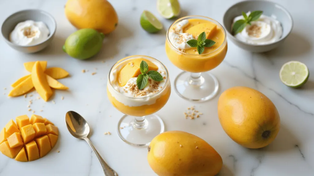 Irresistible Mango Desserts: Creamy, Cool, and Absolutely Delicious Overhead shot of a layered mango cream dessert in a crystal parfait glass on white marble, topped with mango slices, mint, and coconut flakes, surrounded by whole mangoes, whipped cream, lime wedges, and a vintage spoon.