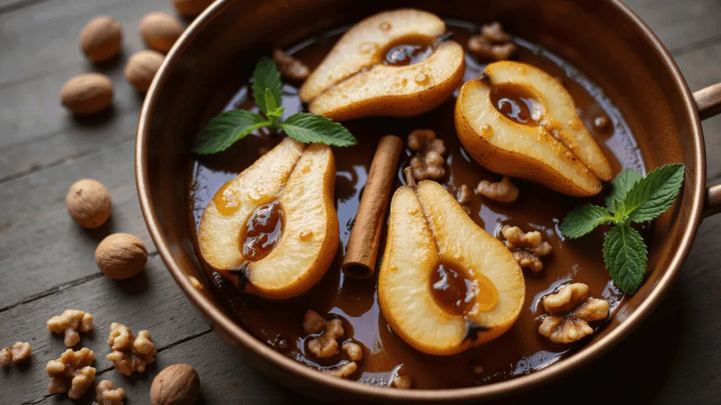 PEAR DESSERT RECIPES: Sweet, Simple & Spectacular Cinematic overhead shot of halved Bosc pears in a vintage copper baking dish, glazed with maple syrup, featuring golden-brown caramelization and steam rising. Garnished with walnuts, cinnamon, and mint on a rustic wooden surface, the scene captures rich autumn colors and intricate pear texture with professional food photography style.