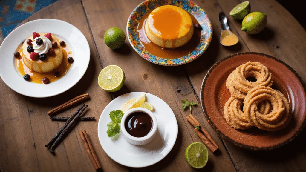 Mexican Dessert Recipes: Authentic Sweets That Will Melt Your Heart A cinematic overhead shot of four Mexican desserts on a rustic wooden table, including tres leches cake with berries, golden flan with caramel, spiral churros with chocolate sauce, and Carlota de Limón garnished with lime and mint, surrounded by traditional tiles and decorative elements like cinnamon sticks and Mexican vanilla beans.