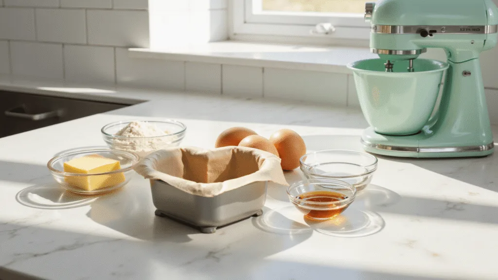 Cute Bento Cake: The Perfect Mini Dessert for Every Occasion Photorealistic image of a modern kitchen counter featuring a heart-shaped 4-inch bento cake pan and ingredients like softened butter, sugar, eggs, flour, and vanilla extract in glass bowls, with a mint-colored hand mixer nearby. Sunlight filters through a window, highlighting a marble countertop with a matte finish in soft pastel colors.