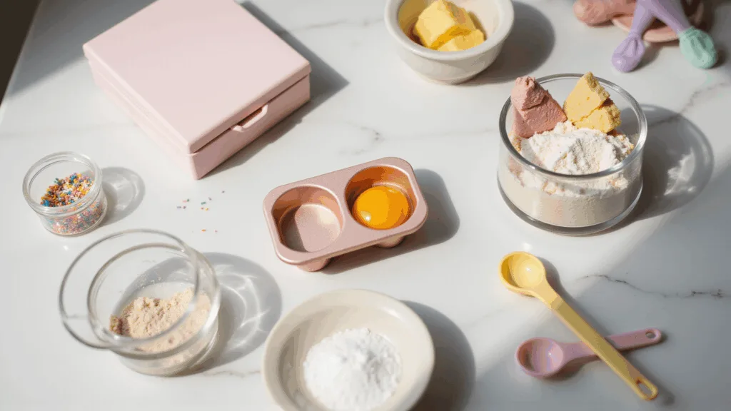 Bento Cake Engraçado: A Tiny Treat with Big Personality Cinematic overhead shot of a sunlit modern kitchen counter with a miniature bento cake prep scene, featuring pastel ingredients and tools arranged neatly on a white marble countertop.