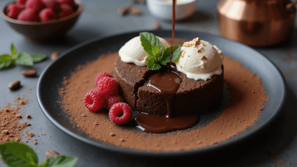 ULTIMATE CHOCOLATE DESSERTS: FROM CLASSIC TO CREATIVE A cinematic overhead shot of a molten chocolate cake on a matte black plate, featuring a flowing chocolate center, fresh raspberries, a quenelle of vanilla bean ice cream, mint leaves, and a piece of gold leaf, with subtle steam and condensation, all set in a softly blurred background.
