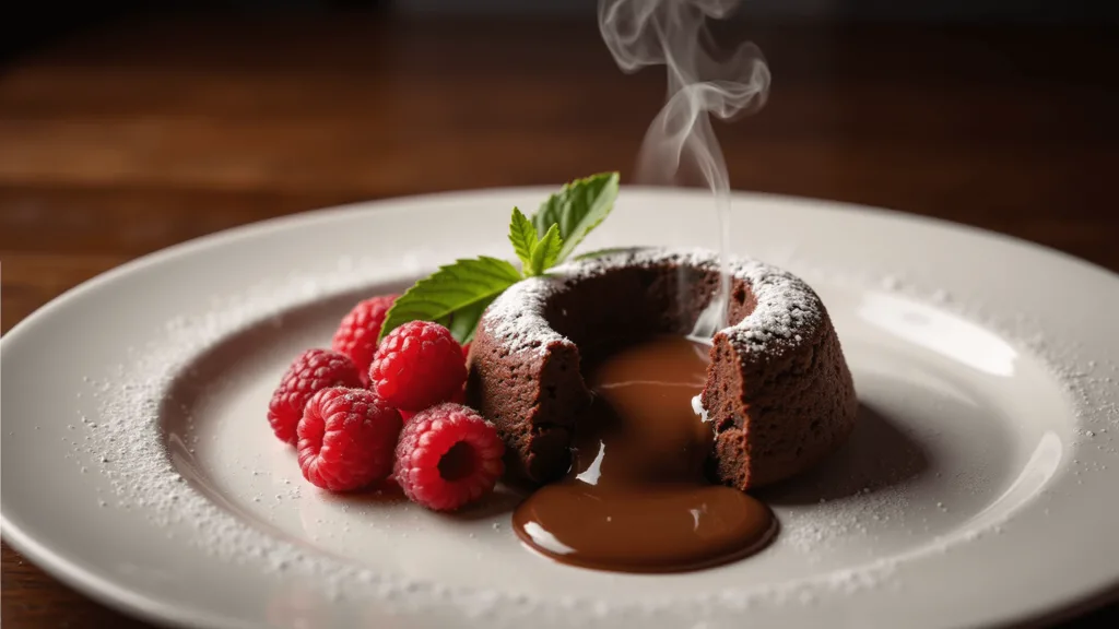 Decadent Chocolate Desserts: Your Ultimate Guide to Molten, Fudgy Delights Close-up of a molten chocolate cake with glossy chocolate lava center, raspberries, powdered sugar, and a mint sprig on a white plate.
