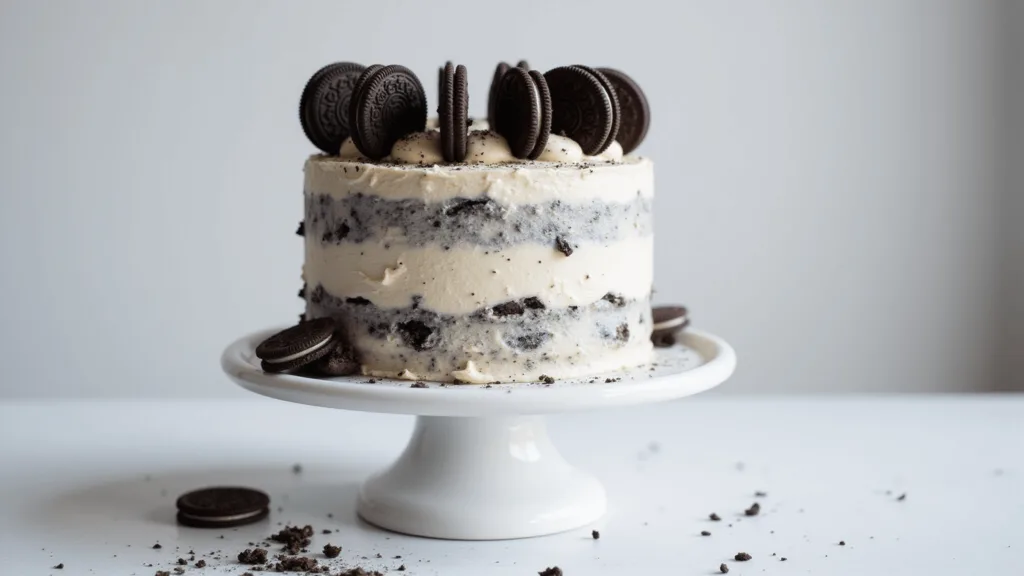 OREO CAKE: The Ultimate Cookies and Cream Dream A beautifully crafted Oreo layer cake with buttercream frosting, topped with whole Oreo cookies and crushed Oreo accents, on an elegant white cake stand.