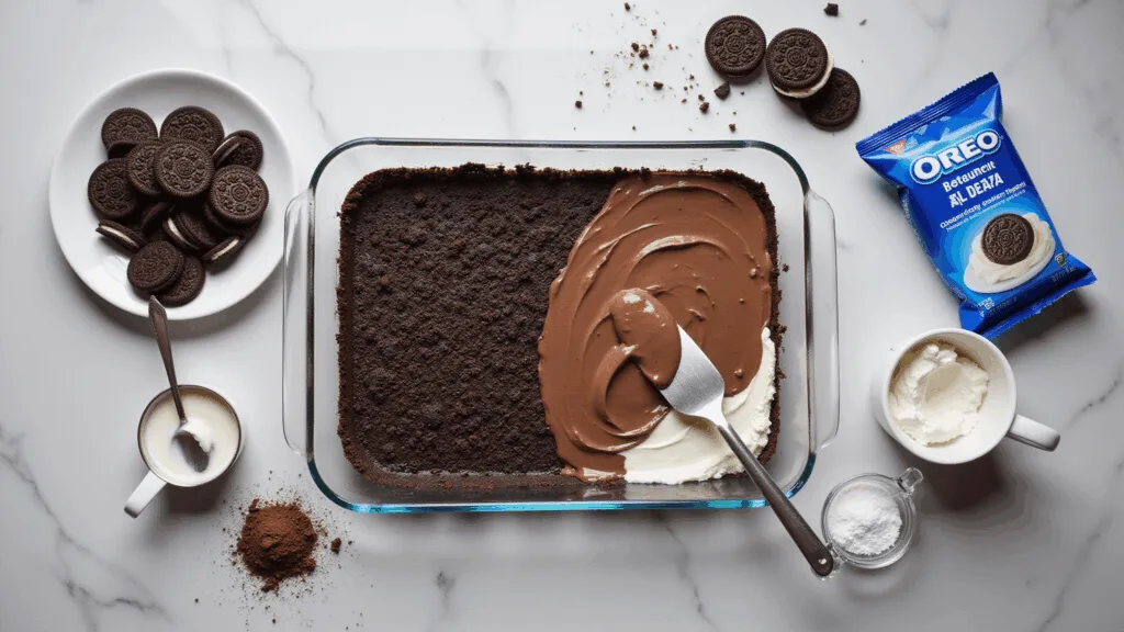 OREO DESSERT DELIGHT: THE ULTIMATE NO-BAKE CROWD-PLEASER Cinematic overhead shot of a partially assembled no-bake Oreo dessert in a glass dish, showcasing layers of dark chocolate crust, cream cheese, and chocolate pudding, with scattered ingredients like whole Oreos and measuring cups on a marble surface.
