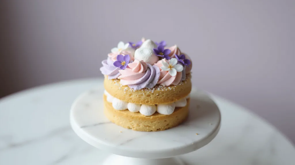 Aesthetic Bento Cake: Your Perfect Mini Culinary Canvas Miniature bento cake with pastel cream florals on white marble, featuring intricate piping and edible decorations in soft pink, lavender, and white hues.